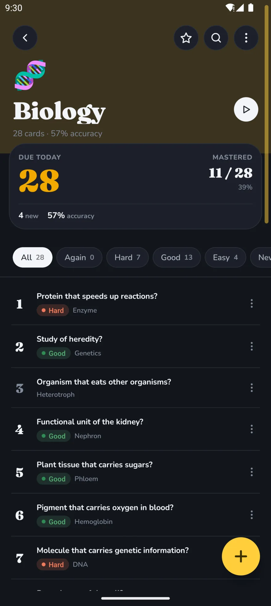 A deck’s card list in QuackDeck, showing imported cards with their due counts.
