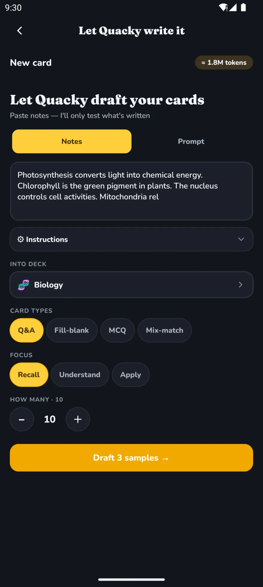 The AI generation screen: pasted biology notes, card type and focus options, and a Draft samples button.