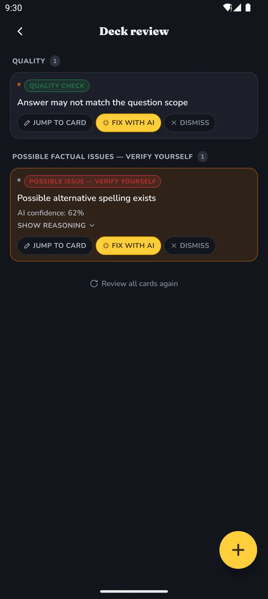 AI Deck Review listing findings for a deck, such as duplicate questions and accuracy concerns.