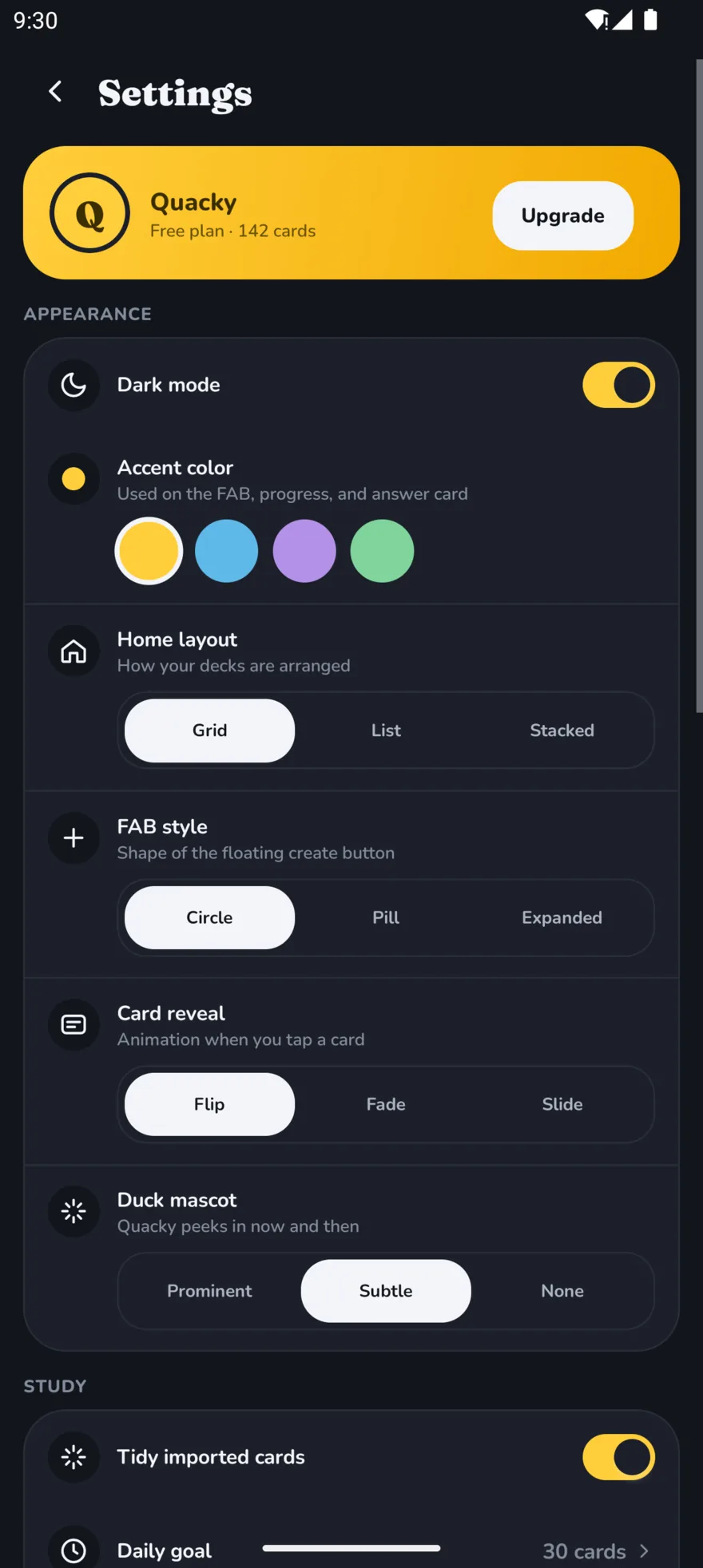 QuackDeck settings, with the dark-mode toggle and the four accent colours.